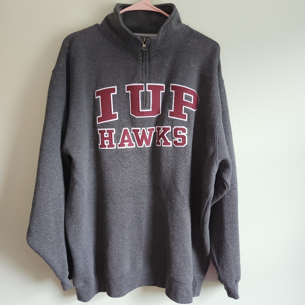IUP Crimson Hawks J*America 1/4 Zip Embroidered Heather Grey Sweatshirt Mens XL